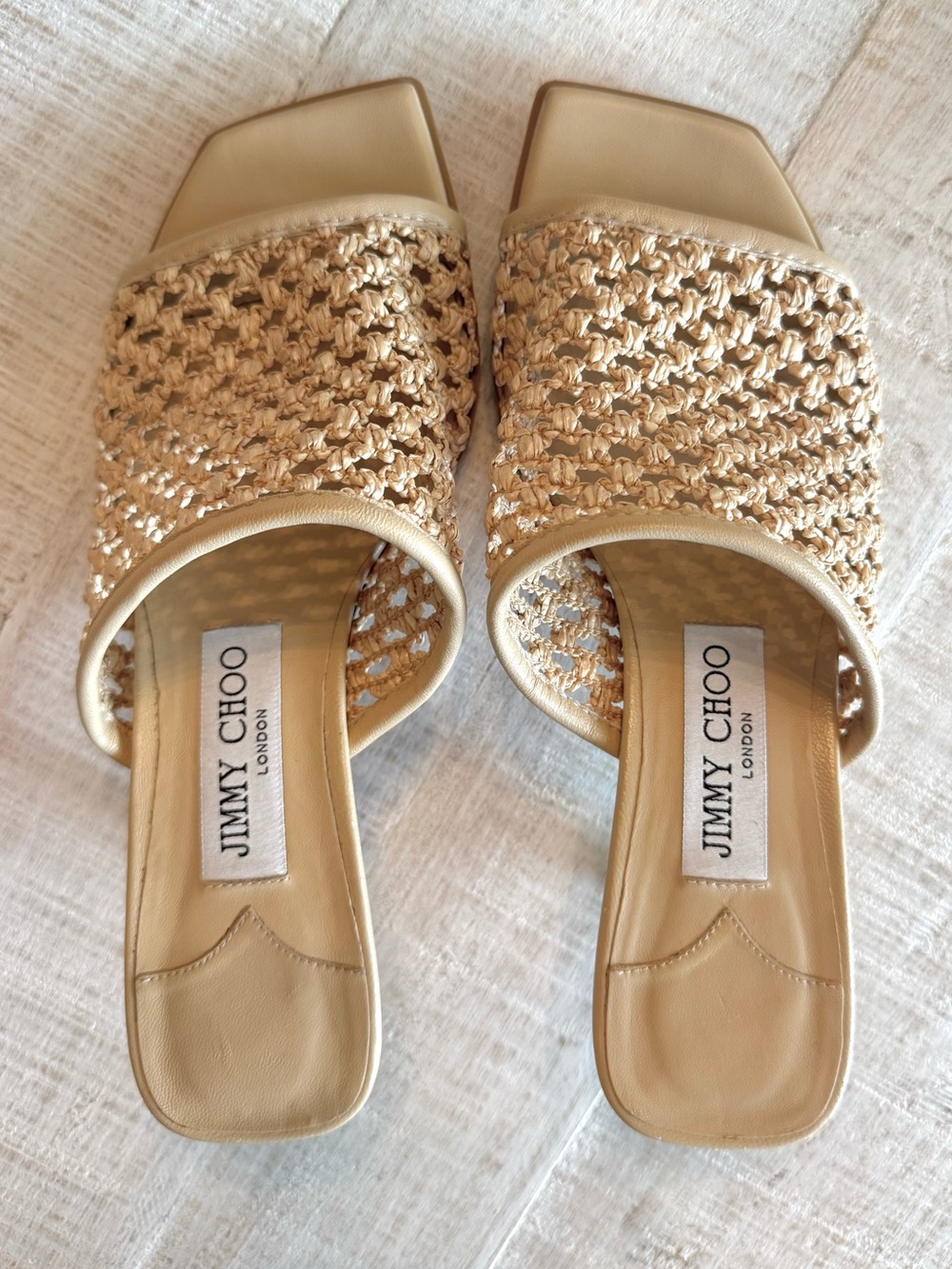 Jimmy Choo Orly Raffia Kitten Heel Mule Sandals Barley Beige Woven 36.5 US 6 - Picture 2 of 8